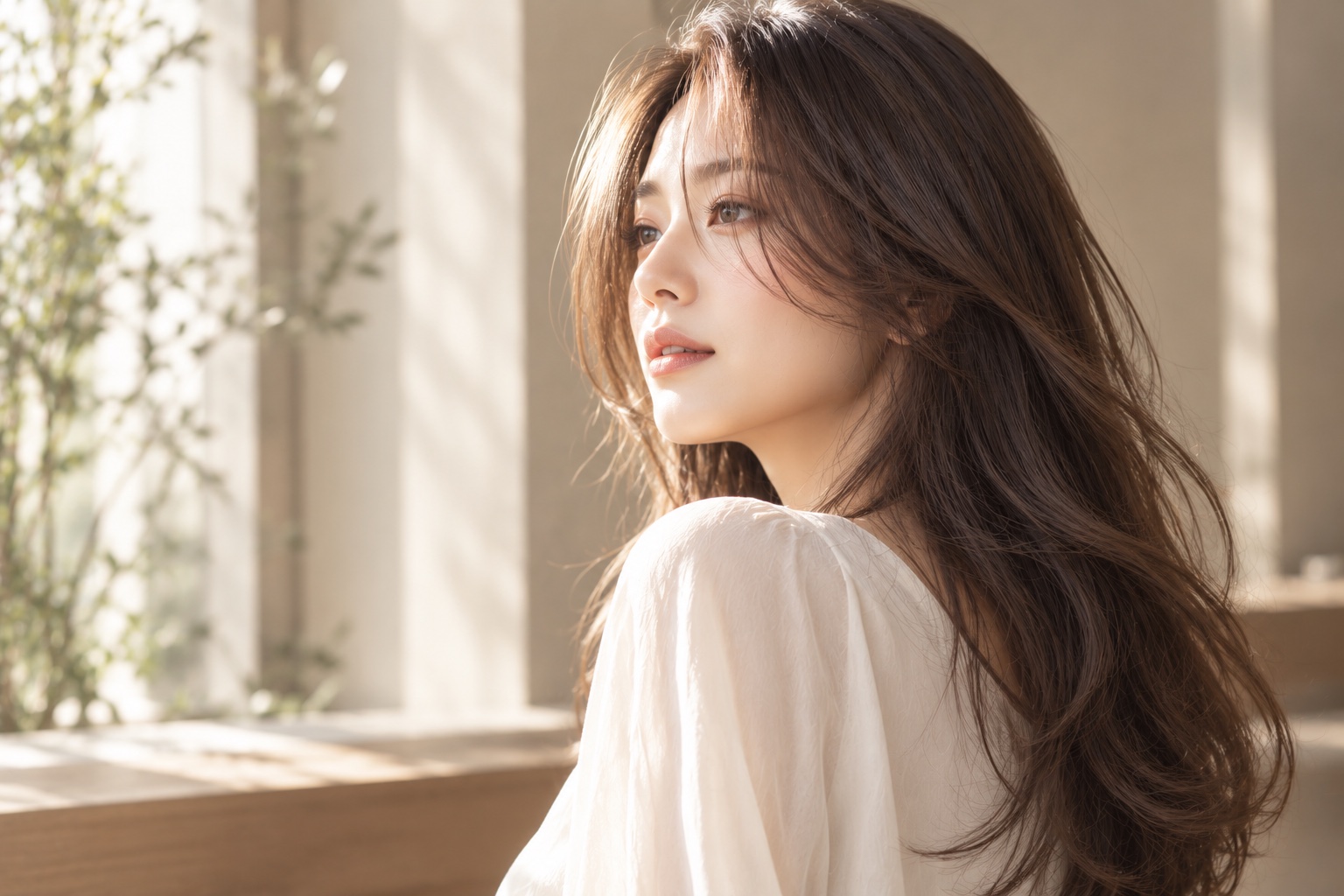 艶のあるブラウンヘアの女性の横顔