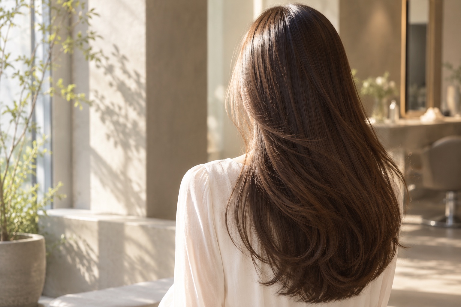 自然光の差し込むサロンで、艶のあるロングヘアの女性の後ろ姿