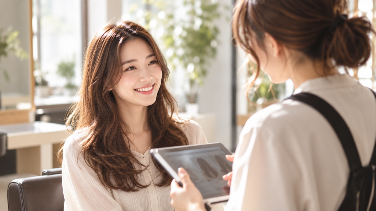 女性のお客様と女性美容師がタブレットを見ながらカウンセリングしている様子