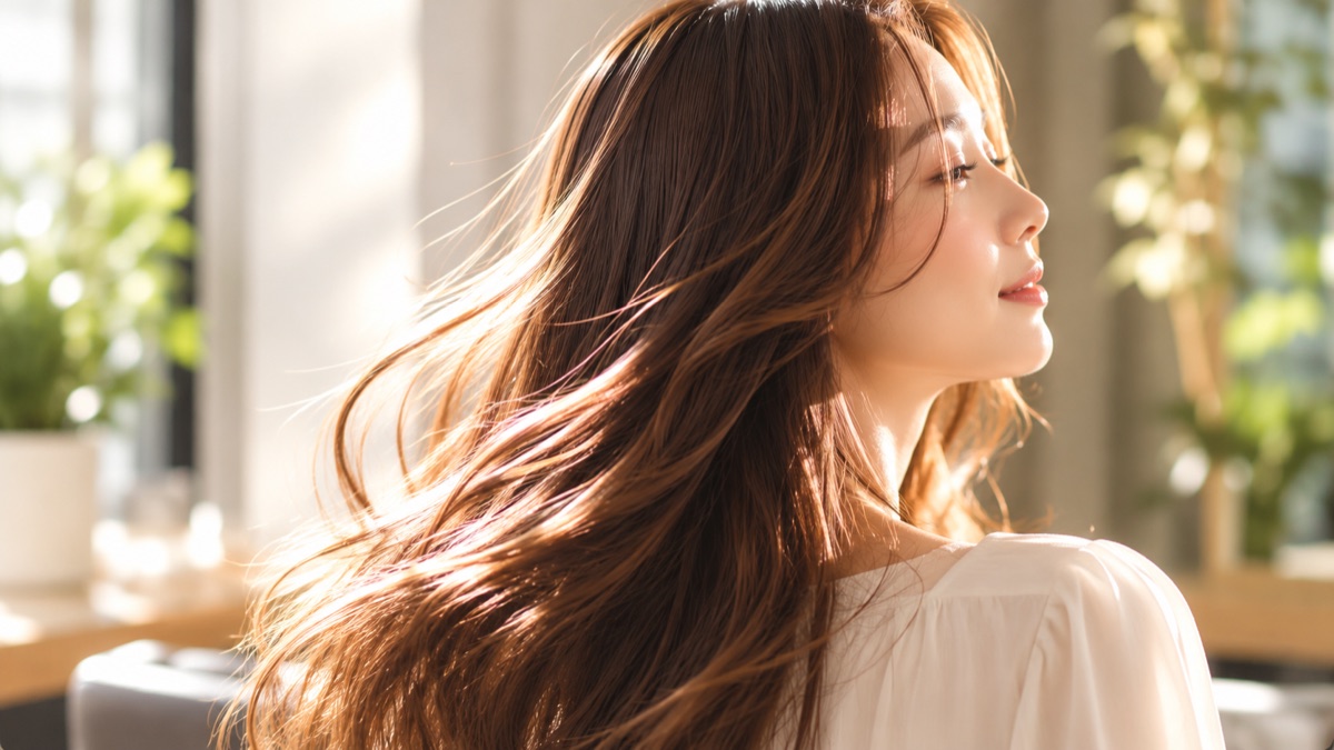 自然光を受けて輝く、艶のあるブラウンのロングヘアの女性